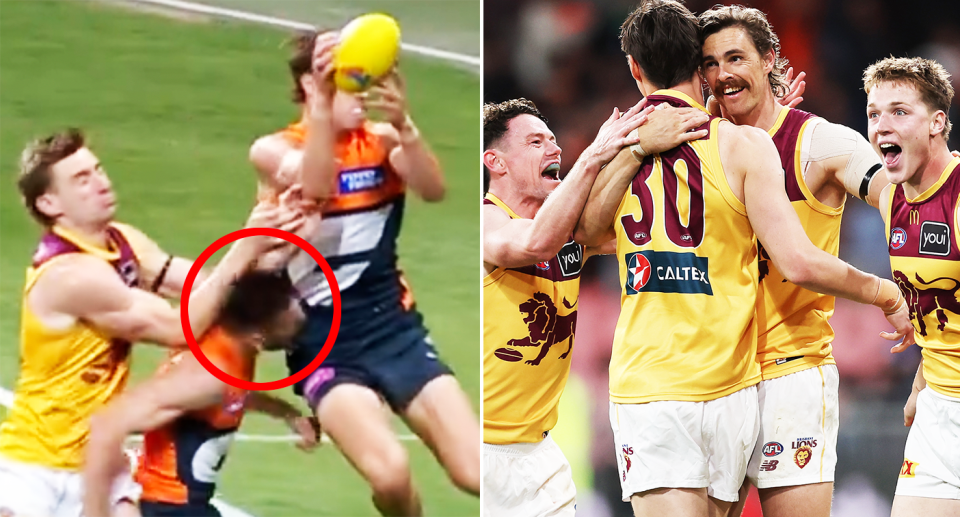 On the left is GWS star Stephen Coniglio and Lions forward Joe Daniher on right.