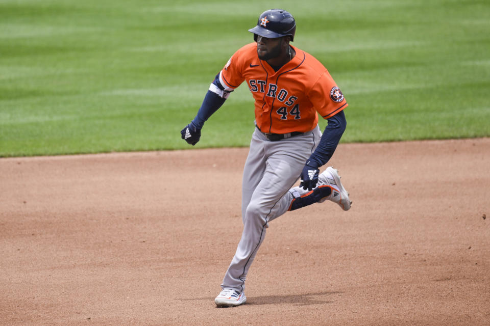 Houston Astros' Yordan Alvarez runs out a triple during the fourth inning of a baseball game against the Kansas City Royals, Sunday, June 5, 2022, in Kansas City, Mo. (AP Photo/Reed Hoffmann)