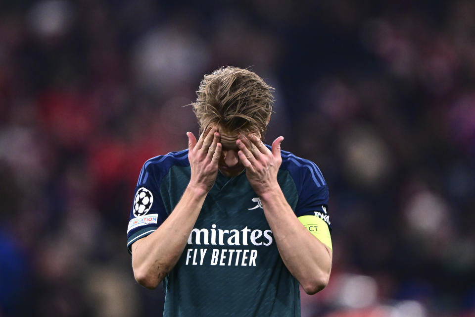 Arsenal's Martin Odegaard reacts disappointed after the Champions League quarter final second leg soccer match between Bayern Munich and Arsenal at the Allianz Arena in Munich, Germany, Wednesday, April 17, 2024. (AP Photo/Christian Bruna)