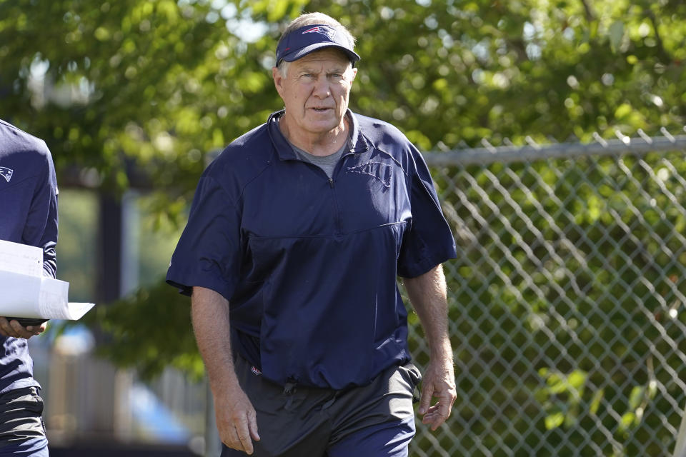 New England Patriots head coach Bill Belichick steps on the field at the start of an NFL football joint practice with the Carolina Panthers, Tuesday, Aug. 16, 2022, in Foxborough, Mass. (AP Photo/Steven Senne)