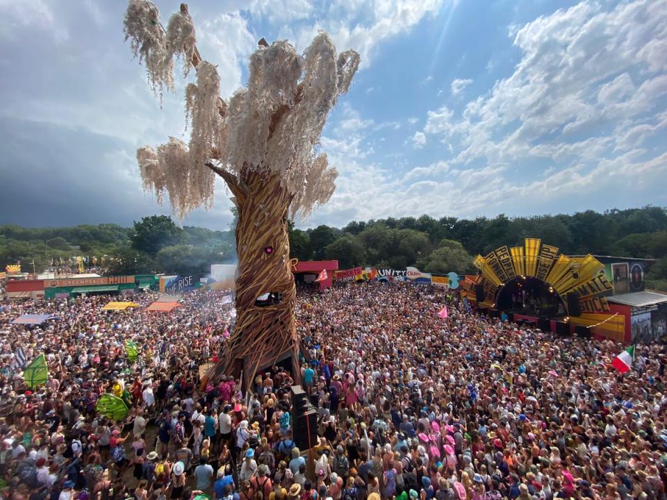 Fat Boy Slim performs in the Rave Tree at Glastonbury’s Greenpeace field, 2023 (Greenpeace)