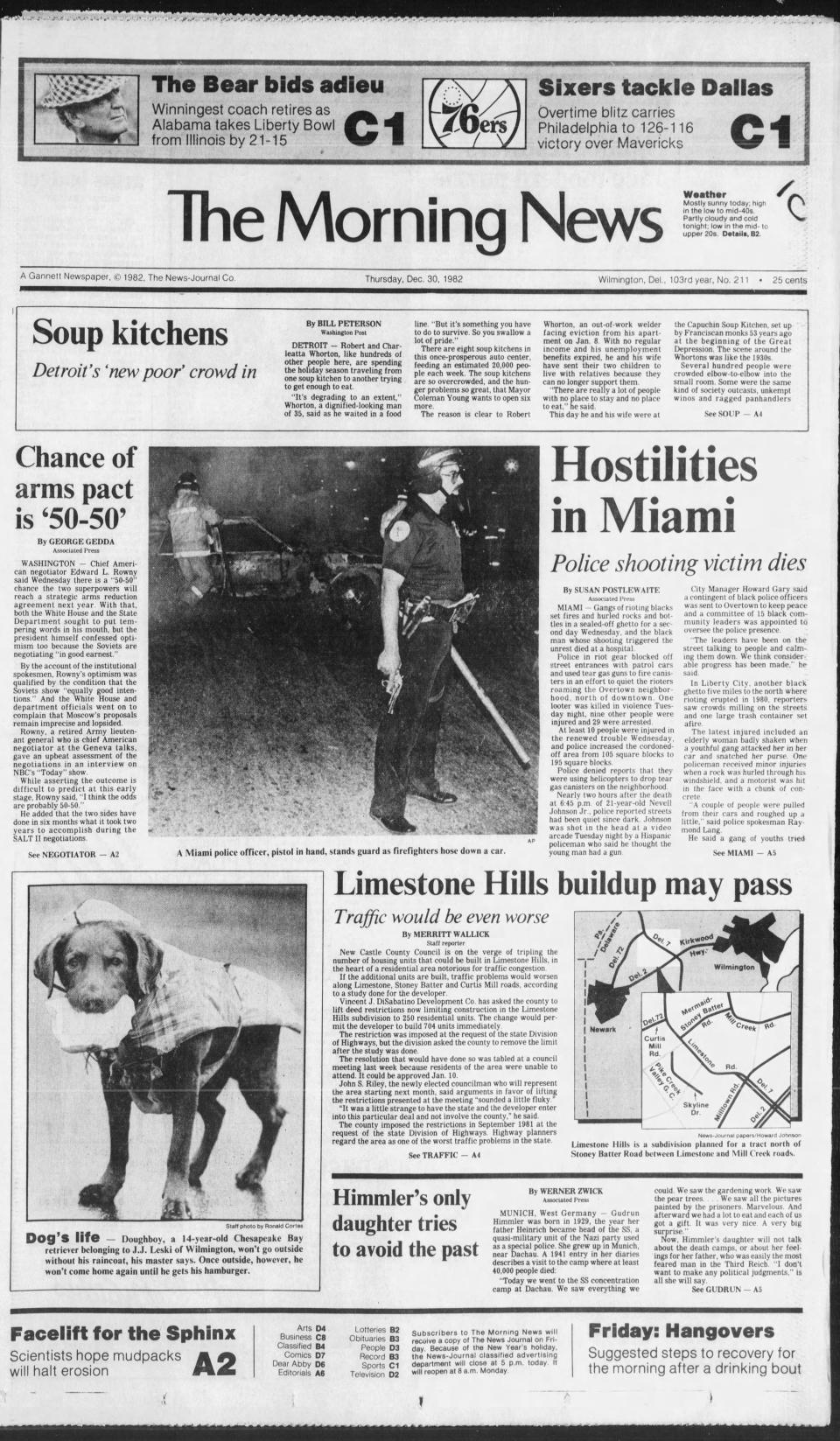 Front page of The Morning News, Dec. 30, 1982