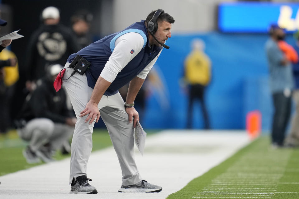 Tennessee Titans head coach Mike Vrabel watches from the sideline during the second half of the team's NFL football game against the Los Angeles Chargers in Inglewood, Calif., Sunday, Dec. 18, 2022. (AP Photo/Ashley Landis)
