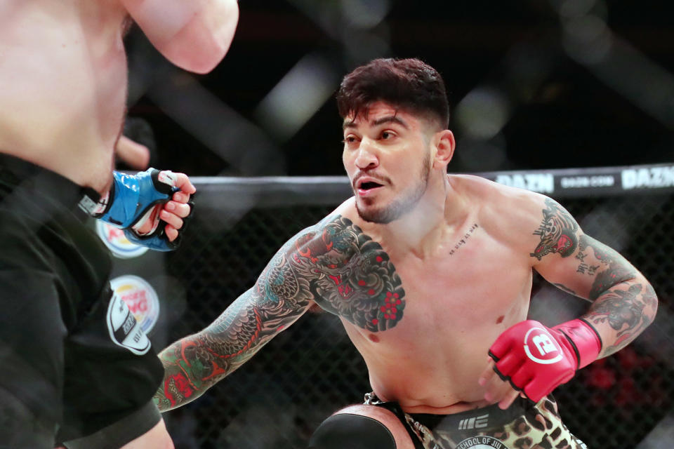 Jun 14, 2019; New York, NY, USA; Dillon Danis (red gloves) fights Max Humphrey (blue gloves) during Bellator 222 at Madison Square Garden. Danis won the fight. Mandatory Credit: Ed Mulholland-USA TODAY Sports/Sipa USA