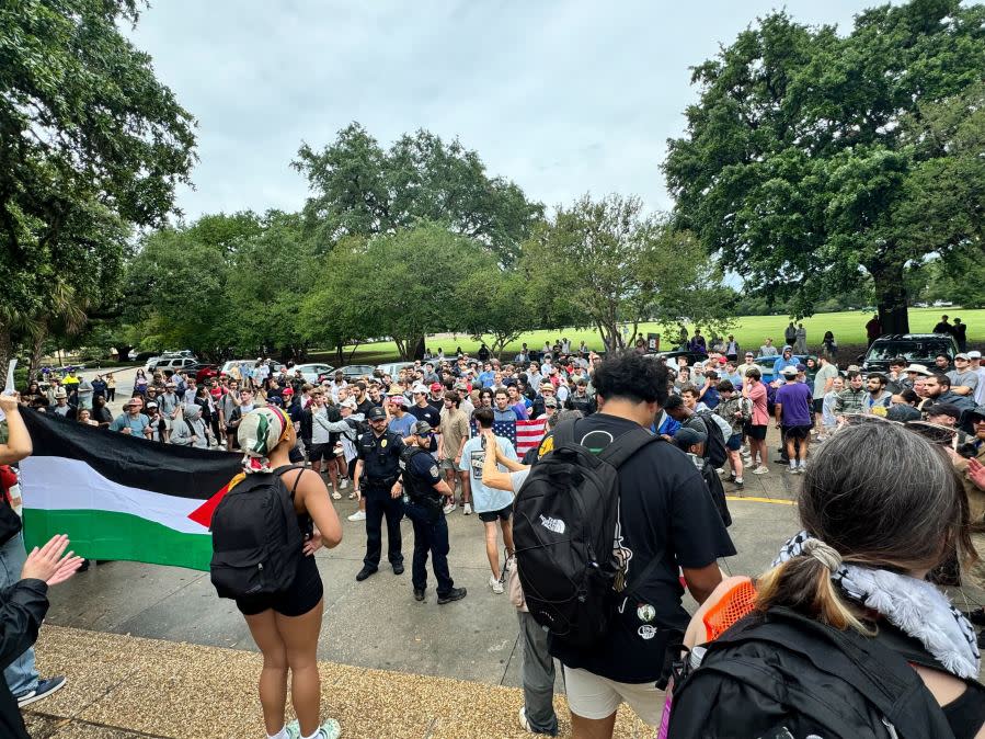 LSU students rallied in support of Palestine on Friday, May 3, at Patrick F. Taylor Hall. The event drew a counterprotest supporting Israel. (Credit: Sudan Britton)