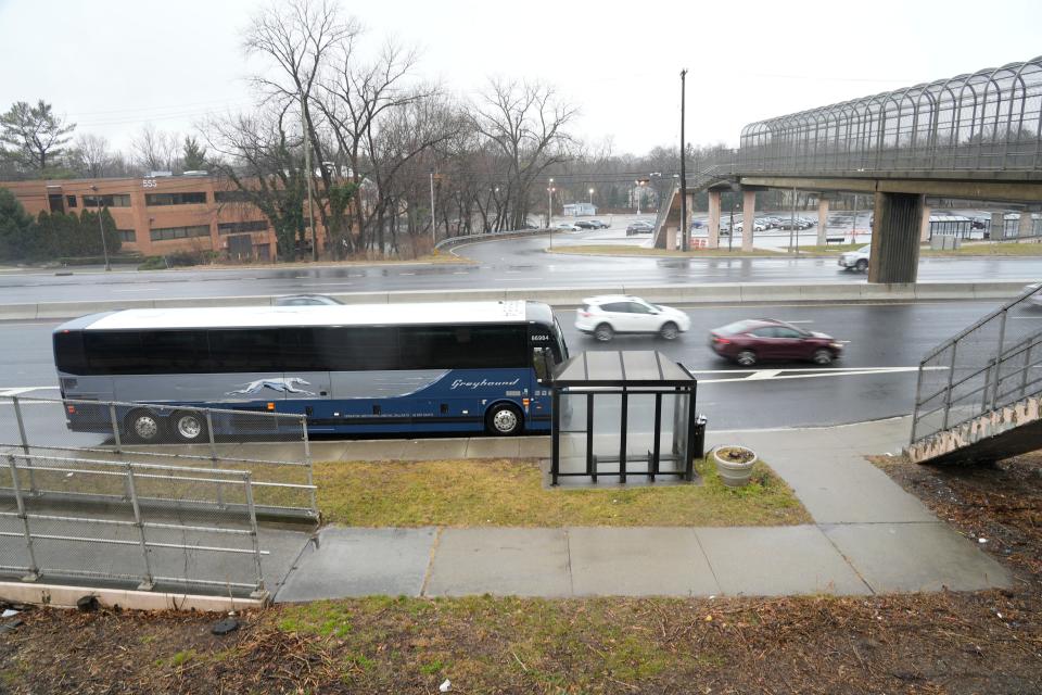 A Greyhound bus on its way to Montreal Canada arrives at the Park and Ride bus stop on the northbound side of Route 17 in Ridgewood, N.J. on Friday Jan. 13, 2023. 