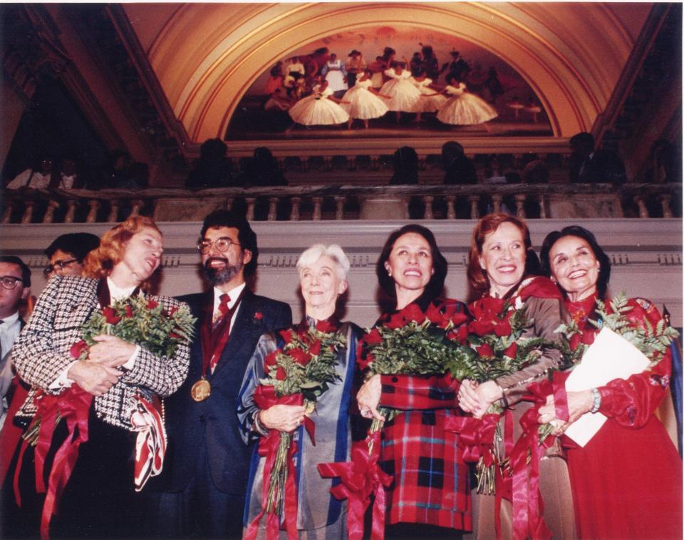 Oklahoma's five Native American ballerinas, known as the "Five Moons," pose with Chickasaw artist Mike Larsen at the state Capitol Oct. 14, 1997. From left are Yvonne Chouteau, Larsen, Rosella Hightower, Maria Tallchief, Marjorie Tallchief and Moscelyne Larkin.