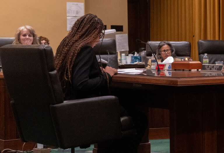 Janae Harris of Millard North High School testifies in front the Nebraska Education Committee on Monday, Feb. 12, 2024, in Lincoln. (Zach Wendling/Nebraska Examiner)