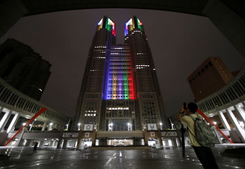 Tokyo Metropolitan Government Office building is lit up with the Olympic symbol amid the coronavirus disease (COVID-19) outbreak, in Tokyo