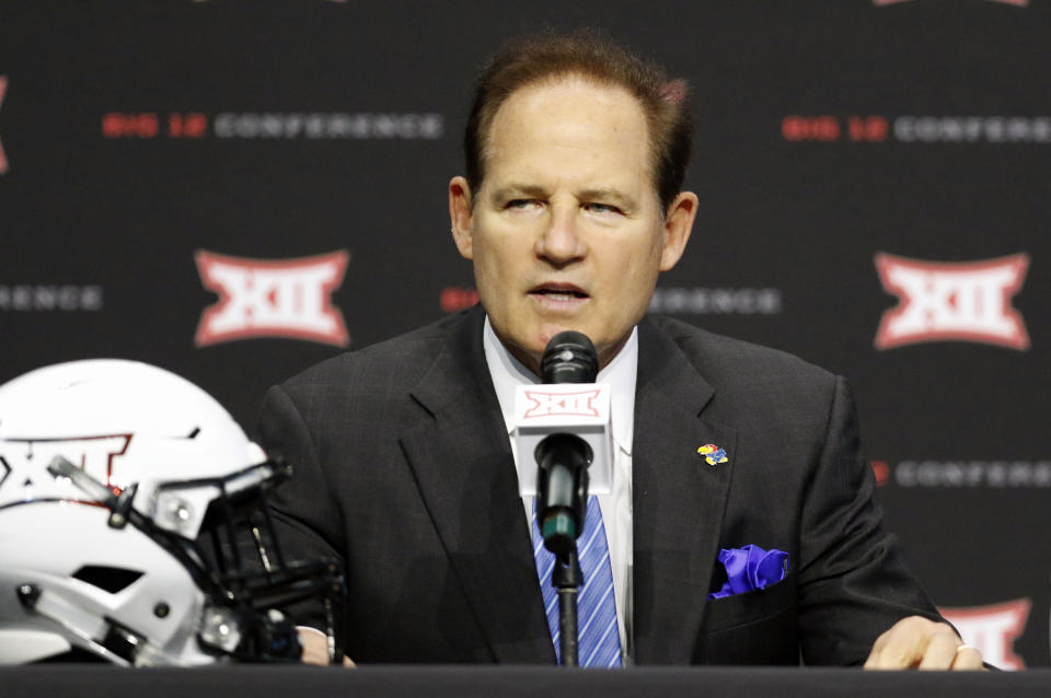 Kansas head coach Les Miles speaks on the first day of Big 12 Conference NCAA college football media days Monday, July 15, 2019, at AT&T Stadium in Arlington, Texas. (AP Photo/David Kent)