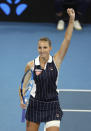 Karolina Pliskova of the Czech Republic reacts after winning her final match against Madison Keys of the United States 6-4, 4-6, 7-5, at the Brisbane International tennis tournament in Brisbane, Australia, Sunday, Jan. 12, 2020. (AP Photo/Tertius Pickard)