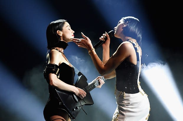 St. Vincent and Dua Lipa. Photo by Kevin Mazur/Getty Images for The Recording Academy.