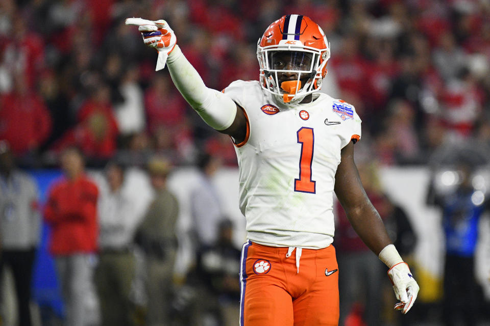 GLENDALE, AZ - DECEMBER 28: Clemson Tigers cornerback Derion Kendrick (1) points to the Ohio State side during the 2019 PlayStation Fiesta Bowl college football playoff semifinal game between the Ohio State Buckeyes and the Clemson Tigers on December 28, 2019 at State Farm Stadium in Glendale, AZ. (Photo by Brian Rothmuller/Icon Sportswire via Getty Images)