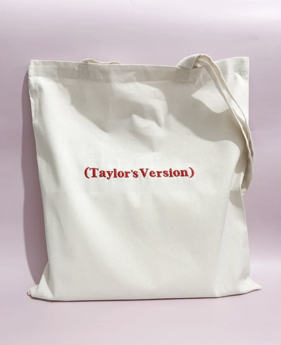 Taylor Swift Canvas Tote Bag on pink background (Photo via Etsy)