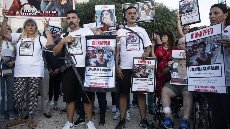 Relatives and family members of hostages kidnapped by Hamas protest in Tel Aviv on October 26, demanding that the Israeli government negotiates their release. - Amir Levy/Getty Images