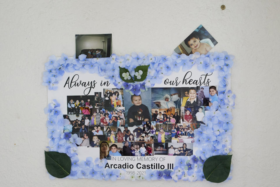 A memorial for Arcadio Castillo III, who was shot by Salem police, hangs on the wall of his parents' home in Salem, Ore., Thursday, Aug. 18, 2022. When Misty Castillo called 911 in July 2021 to say that her son was mentally ill and was assaulting her and her husband, it ended in a matter of minutes with a police officer bursting into their house and shooting their son. (AP Photo/Craig Mitchelldyer)