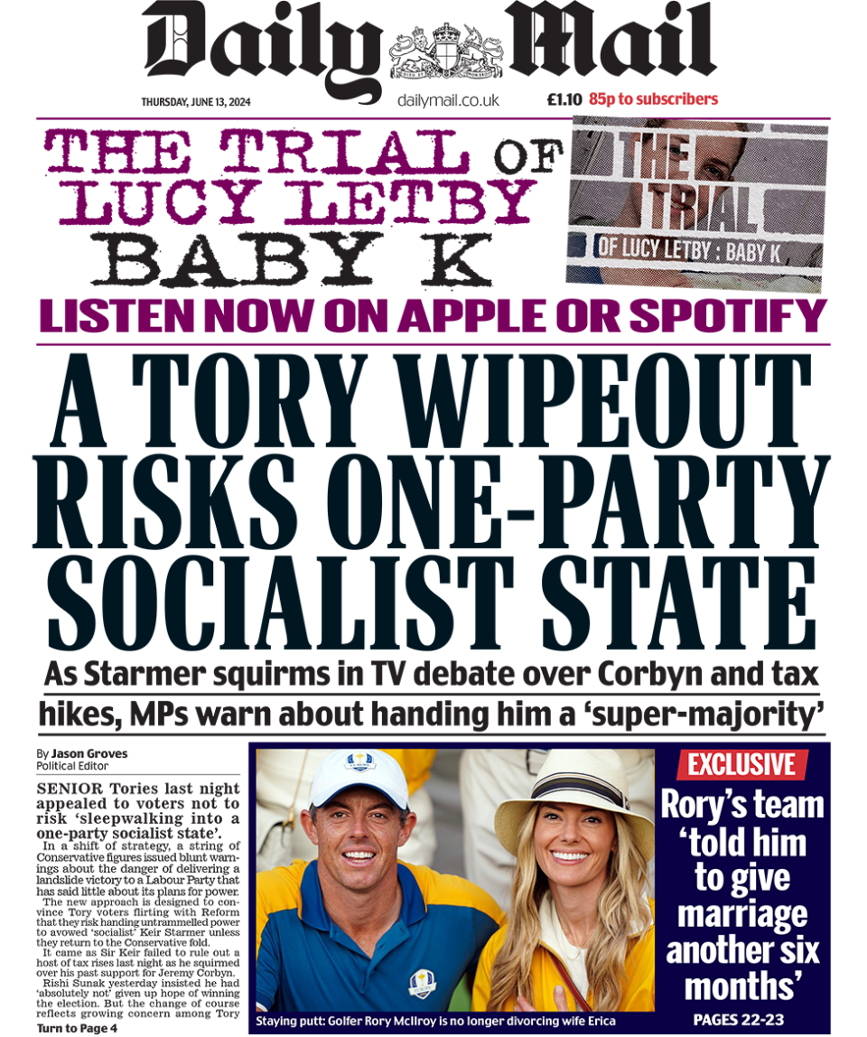 Daily Mail headline: "A tory wipeout risks one-party socialist state"