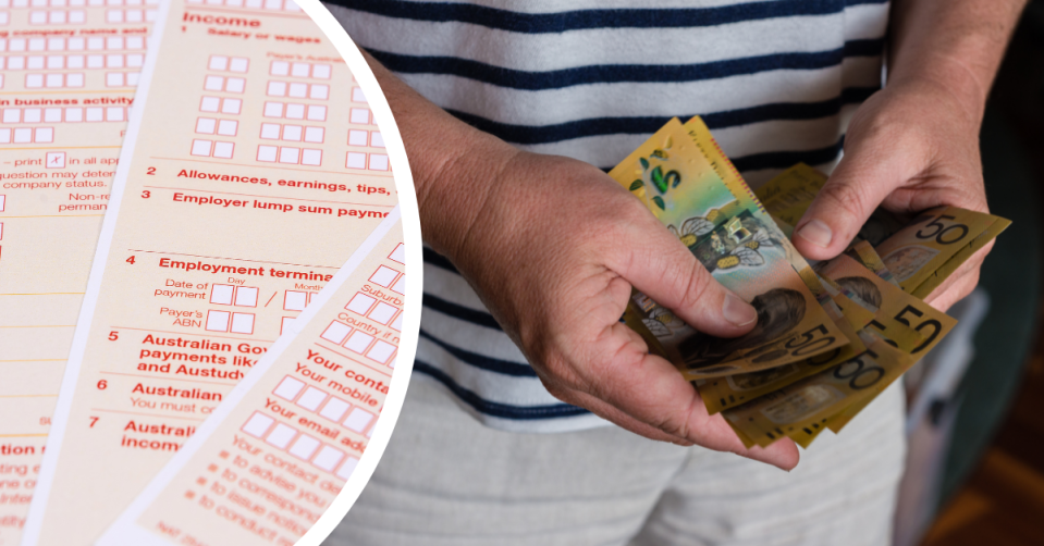 Australian ATO tax return forms and a man holding Aussie $50 notes
