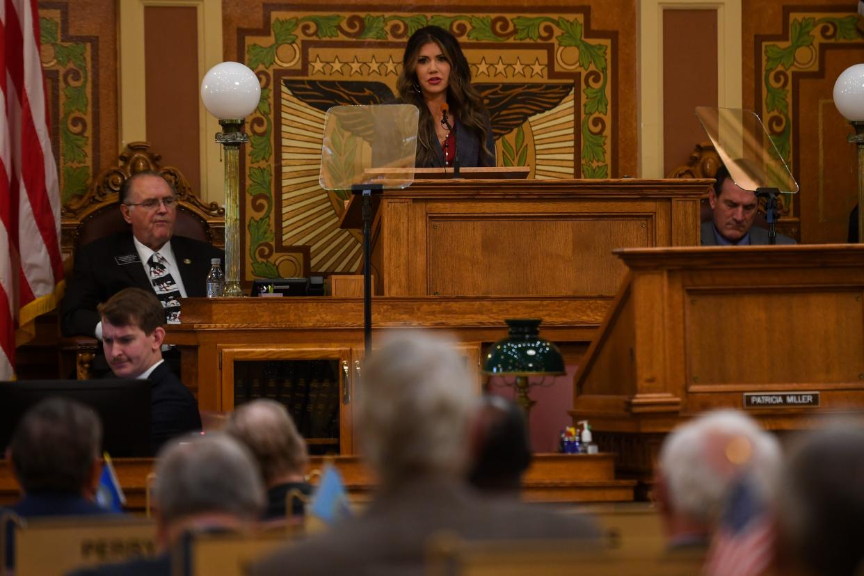 Gov. Kristi Noem speaks to lawmakers during the budget address on Tuesday, Dec. 5, 2023 at the South Dakota State Capitol in Pierre.