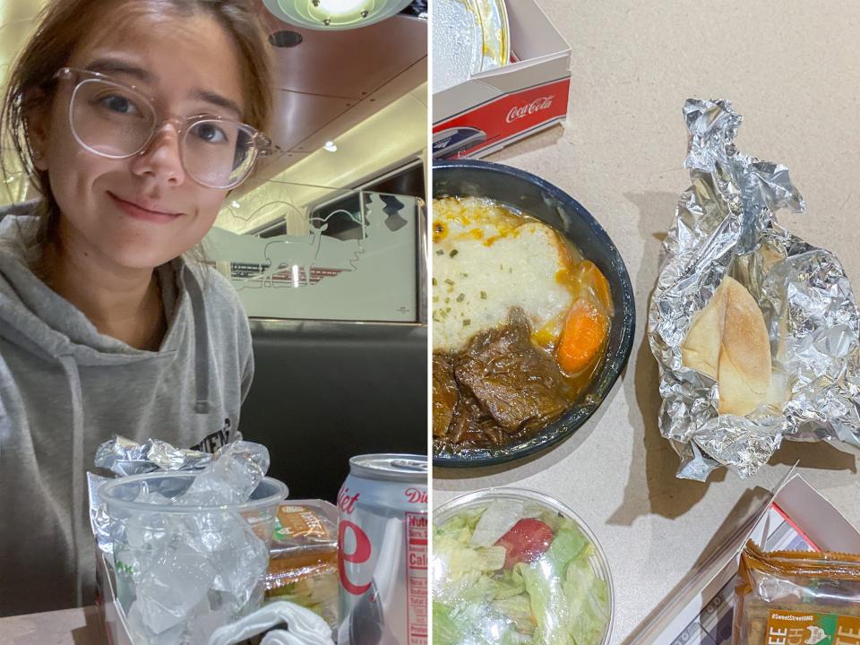 The author sits in the dining car with her meal