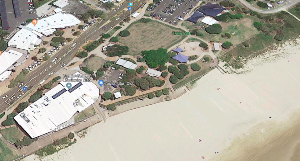 The toilet block where the incident occurred is located at the end of Tickle Park closest to Coolum Surf Club. Source: Google