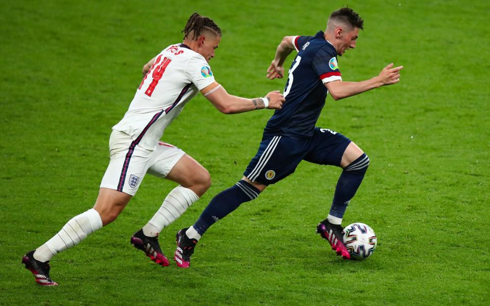 Billy Gilmour powers away from Kalvin Phillips - GETTY IMAGES