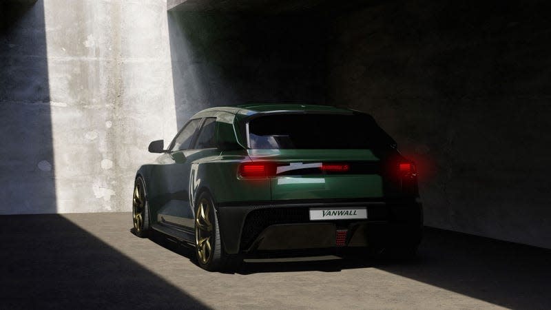 Rendering of the Vanwall Vandervell EV, viewed from the driver-side rear quarter.