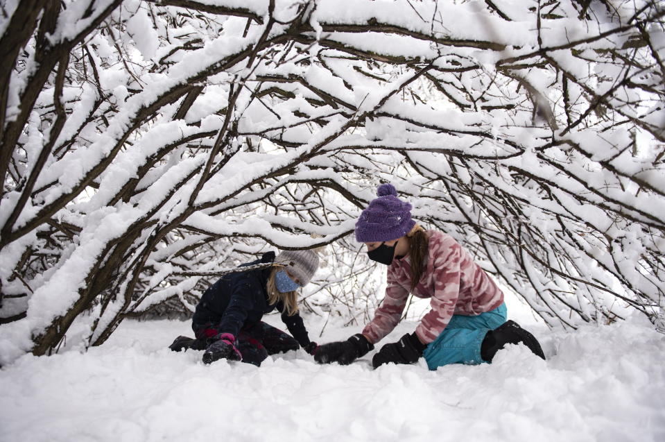 Elly Pergant Johnson, 10, left, and Elsie Sutherland, 10, right, play under the snow-laden branches of a bush during a snowstorm in Ottawa, on Saturday, Jan. 16, 2021. (Justin Tang/The Canadian Press via AP)