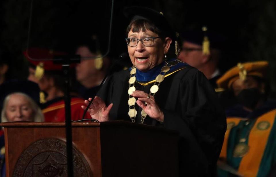Interim CSU Chancellor Jolene Koester is a central figure in a discrimination lawsuit filed by two former administrators at Cal State San Bernardino.