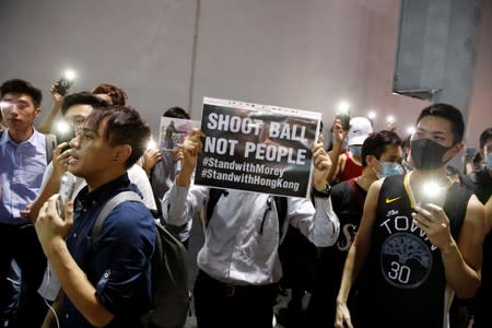 Protesters gather in support of NBA's Houston Rockets' team general manager Daryl Morey, who sent a tweet backing the pro-democracy movement, in Hong Kong