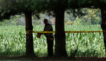 <p>An officer marks off the edge of a cornfield that borders the home of James Hodgkinson in Belleville, Ill., on Wednesday, June 14, 2017. (Photo: Robert Cohen/St. Louis Post-Dispatch via AP) </p>