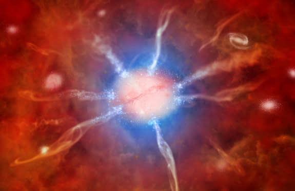 Artist's impression of galaxy at center of Phoenix Cluster.