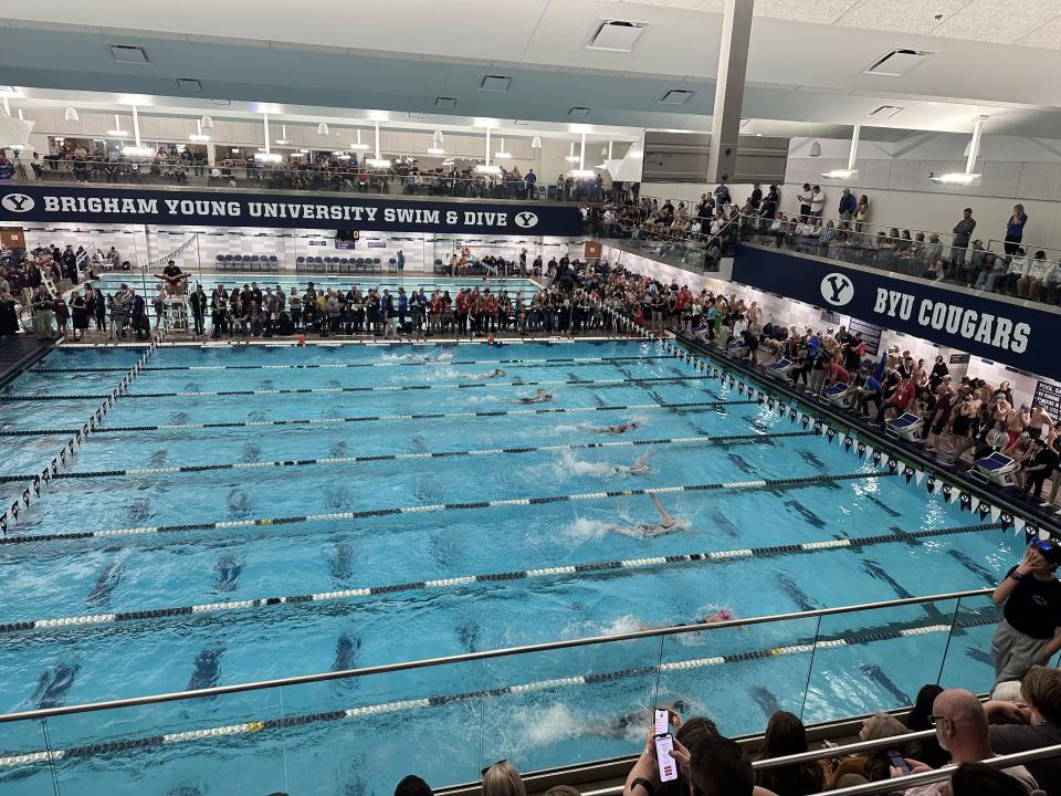Swimmers compete in a girls 50-meter freestyle preliminary race at the 6A state meet at BYU on Friday, Feb. 23. | Provided by Casey Moes