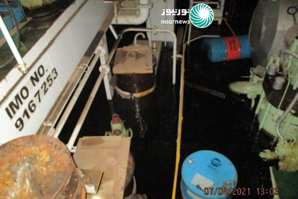 This photo released by Nournews on Thursday, April 8, 2021, shows the flooded engine room of the Iranian ship MV Saviz after being attacked in Red Sea off Yemen. An attack Tuesday on the Iranian cargo ship said to serve as a floating base for its paramilitary Revolutionary Guard off Yemen has escalated a yearslong shadow war on Mideast waters, just as world powers negotiate over Tehran's tattered nuclear deal. (Nournews via AP)