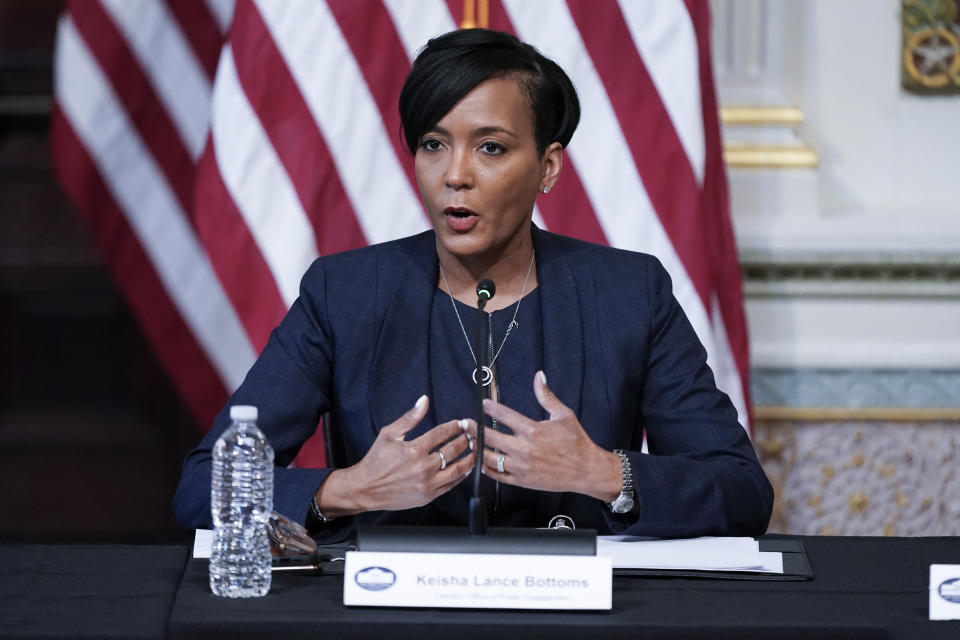 Keisha Lance Bottoms, Senior Advisor to the President for Public Engagement, speaks during a roundtable discussion with Doug Emhoff, the husband of Vice President Kamala Harris, and Jewish leaders about the rise in antisemitism and efforts to fight hate in the United States in the Indian Treaty Room in the Eisenhower Executive Office Building on the White House Campus in Washington, Wednesday, Dec. 7, 2022. (AP Photo/Patrick Semansky)