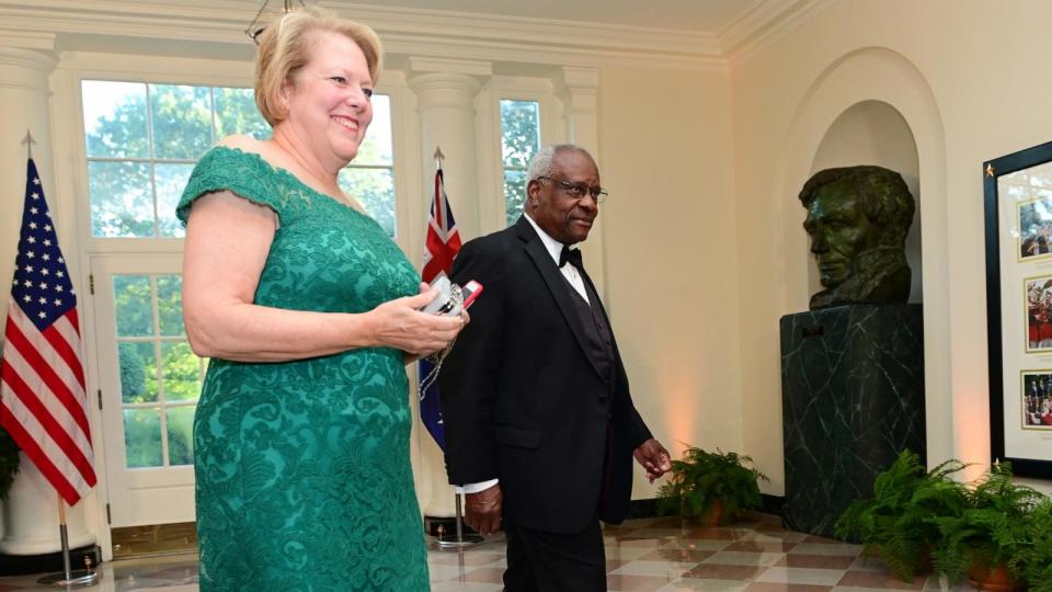 PHOTO: In this Sept. 20, 2019, file photo, Supreme Court Justice Clarence Thomas arrives with his wife, Ginni Thomas, for a State Dinner for Australia's Prime Minister Scott Morrison, at the White House in Washington, D.C. (Erin Scott/Reuters, FILE)