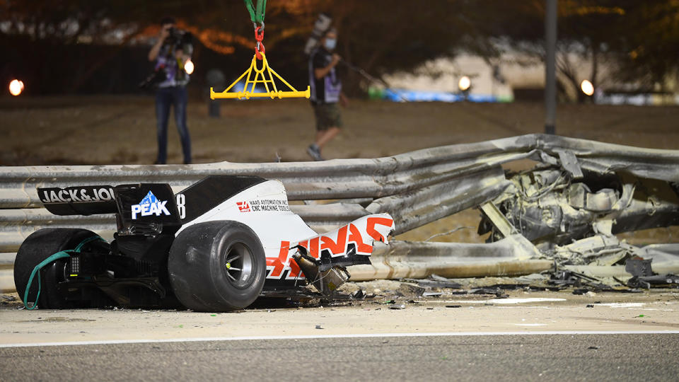 Romain Grosjean's Haas was effectively torn in half after a nightmare crash on the opening lap of the Bahrain GP. (Photo by Clive Mason - Formula 1/Formula 1 via Getty Images)