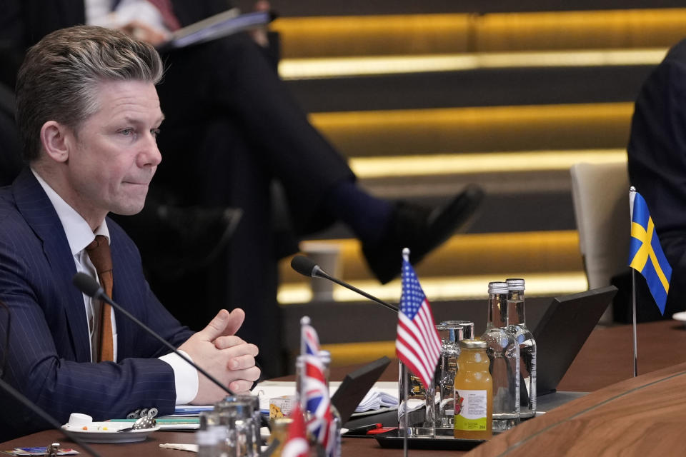 Sweden's Defense Minister Pal Jonson listens to the opening address during a meeting of the North Atlantic Council in defense ministers session at NATO headquarters in Brussels, Thursday, Feb. 15, 2024. (AP Photo/Virginia Mayo)