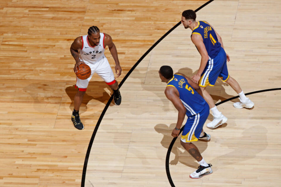 The Warriors often sent two defenders Kawhi Leonard's way in Game 1. (Getty Images)