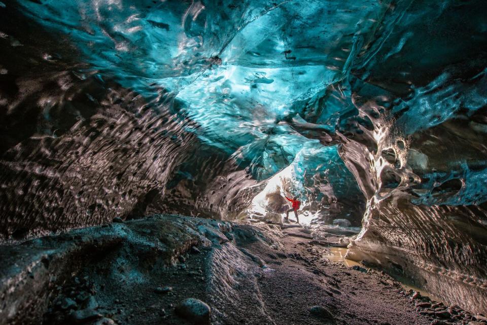 <p>The illuminated entrance to an ice cave inside the Vatnajokull glacier in Iceland. // Date unknown</p>