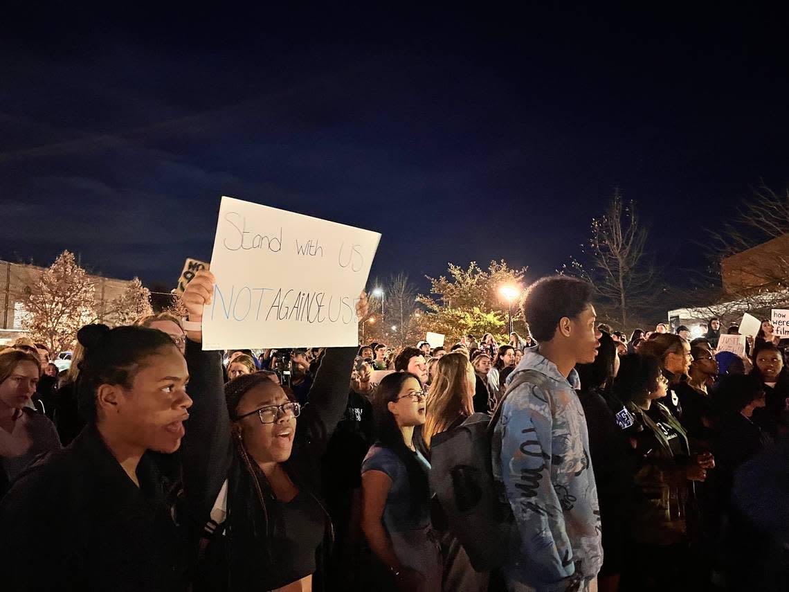 Students gather at a march against racism rally on University of Kentucky’s campus on Nov. 7, 2022. The march was organized after video of a white UK student, Sophia Rosing, saying racist slurs to a Black student desk clerk, Kylah Spring, went viral on social media.