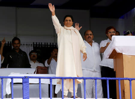 FILE PHOTO - The Bahujan Samaj Party (BSP) chief Mayawati waves to her supporters during an election campaign rally on the occasion of the death anniversary of Kanshi Ram, founder of BSP, in Lucknow, India, October 9, 2016. Picture taken October 9, 2016. REUTERS/Pawan Kumar/File Photo