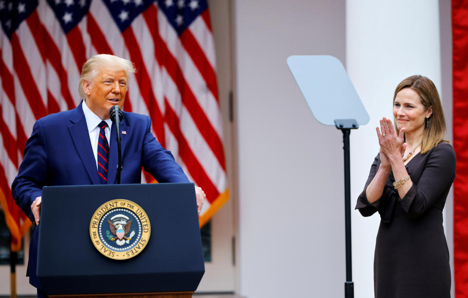 President Donald Trump announces Judge Amy Coney Barrett to fill the Supreme Court seat left vacant by the death of Justice Ruth Bader Ginsburg, at the White House, Sept. 26. (Photo: Carlos Barria / Reuters)