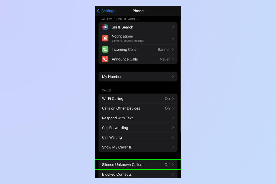 A screenshot showing how to block unknown callers on iPhone