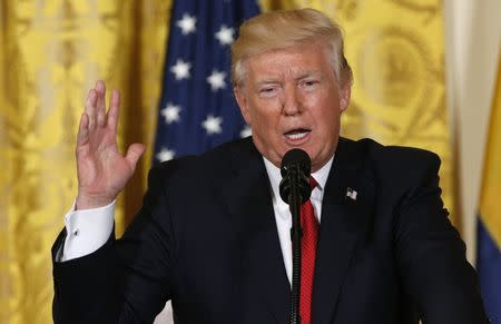 U.S. President Donald Trump speaks during a joint news conference with Colombia's President Juan Manuel Santos (not pictured) at the White House in Washington, U.S. May 18, 2017. REUTERS/Kevin Lamarque