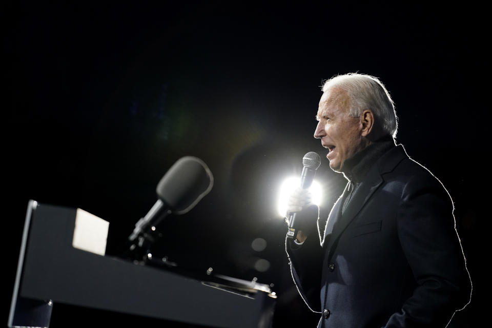 Democratic presidential candidate former Vice President Joe Biden speaks during a drive-in campaign rally at Lexington Technology Park, Monday, Nov. 2, 2020, in Pittsburgh. (AP Photo/Andrew Harnik)