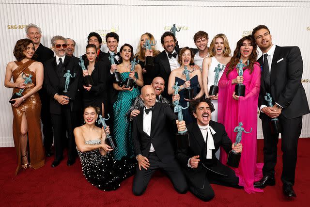 <p>Frazer Harrison/Getty</p> The White Lotus Cast pose in the press room during the 29th Annual Screen Actors Guild Awards