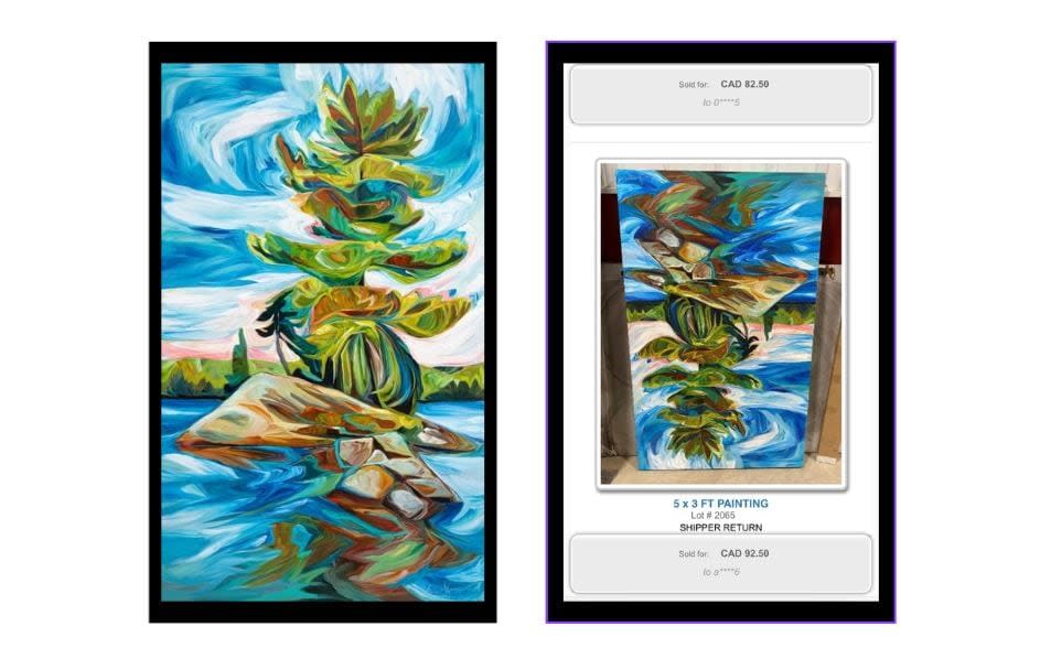 The missing painting by Julia Veenstra is of a solo tree on a little rock island in Lake Ontario and is on the large size, standing at 3 foot by 5 foot. The buyer told Veenstra the auction house had photographed it upside down (left), and it wasn’t obvious what it the picture was meant to be.