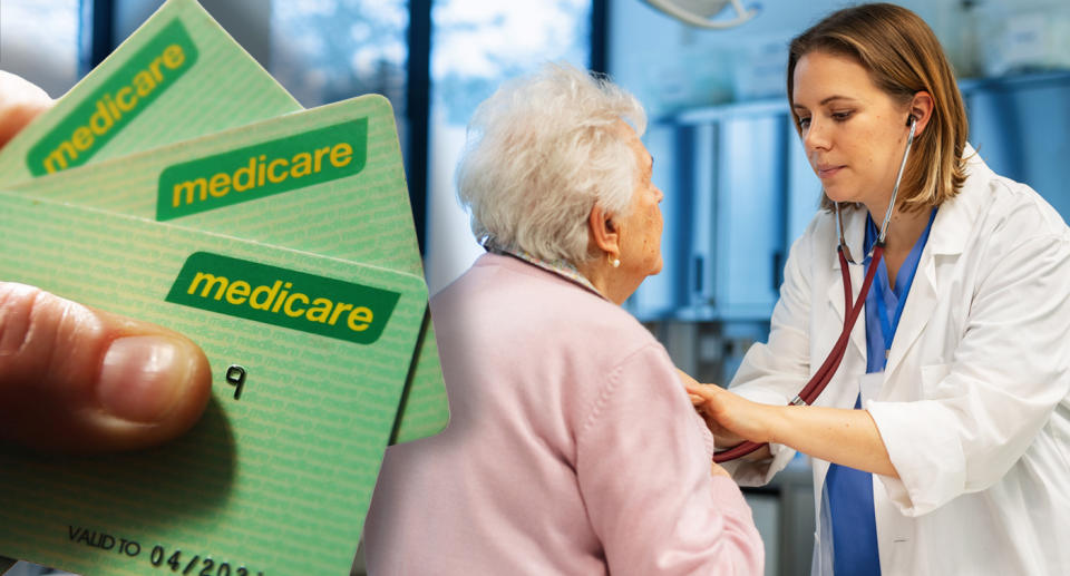 Medicare cards and an older woman having a check up with a doctor. 
