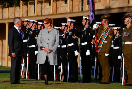 U.S. Secretary of Defence Jim Mattis stops as he inspects an honour guard with Australia's Minister for Defence Marise Payne as part of the 2017 Australia-United States Ministerial Consultations (AUSMIN) meetings at the Australian Army's Victoria Barracks in Sydney, Australia, June 5, 2017. REUTERS/David Gray